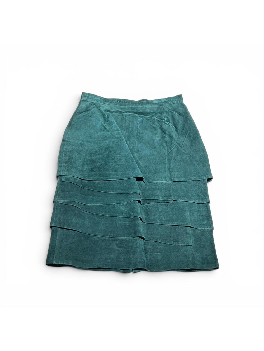 Vintage 80s Bagatelle Deep Teal Green Tiered Leather Skirt Size 10